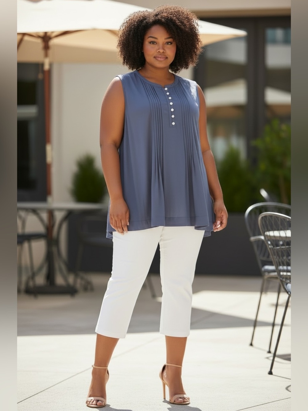 PENNINGTONS, Sleeveless Pintuck Blouse Blue, 4X Plus Size, Viscose Tunic Top